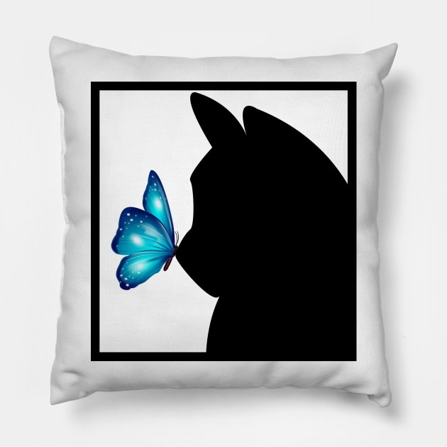 Blue Butterfly sitting on nose of Black Cat Pillow by Blue Butterfly Designs 