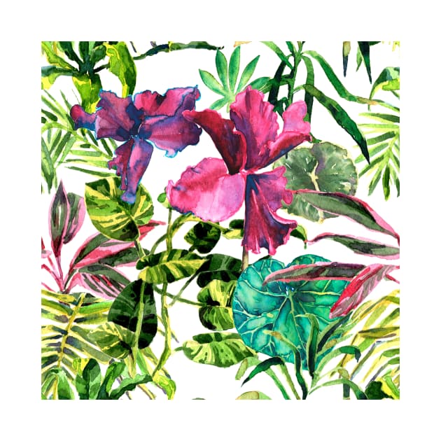 Seamless tropical flower, plant and leaf pattern background by Olga Berlet