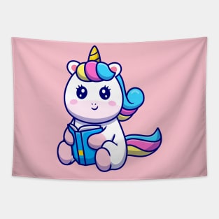 Cute Unicorn Reading Book Cartoon Tapestry