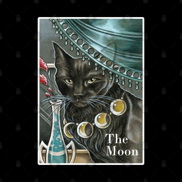 Black Cat with Moon Necklace - White Outline - "The Moon" by Nat Ewert Art