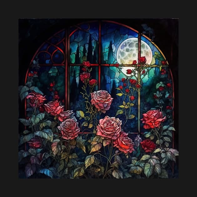 Red Roses Through a Window by Moon Art