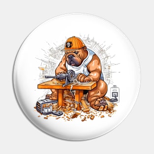 A Carpenter English Bulldog with a saw and sandpaper, carving a wooden sculpture of itself Pin