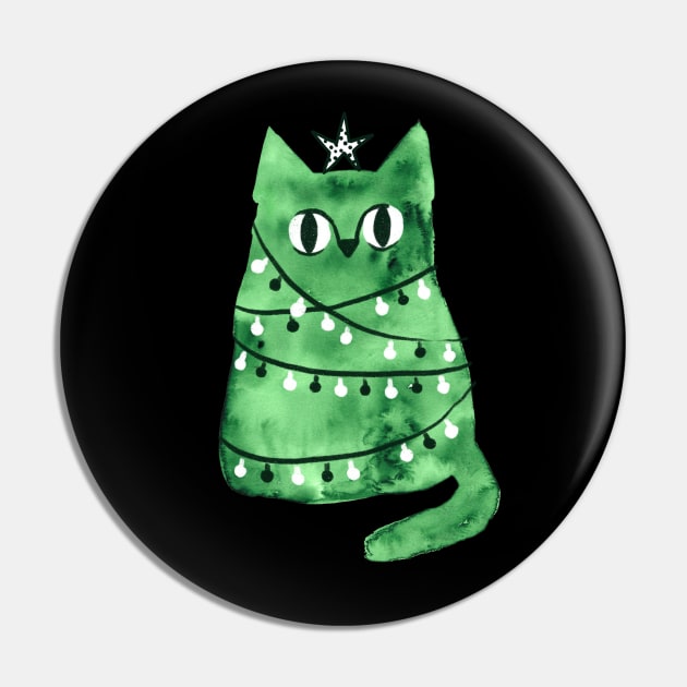 Watercolor green Christmas cat Pin by kostolom3000