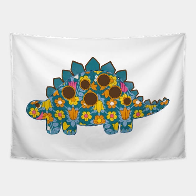 Vintage floral Stegosaurus Dinosaur on blue background Tapestry by NattyDesigns