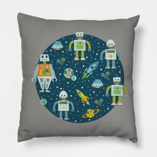 Robots in Space - Blue + Green Pillow