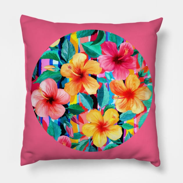 OTT Maximalist Hawaiian Hibiscus Floral with Stripes Pillow by micklyn