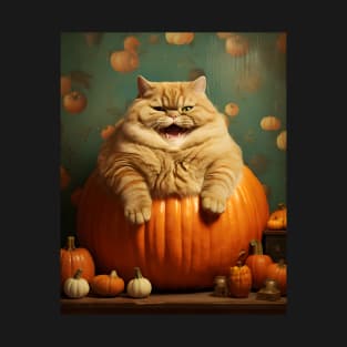 Retro Vintage: Chubby Cat and Pumpkin - Whimsical Autumn Halloween Delight T-Shirt