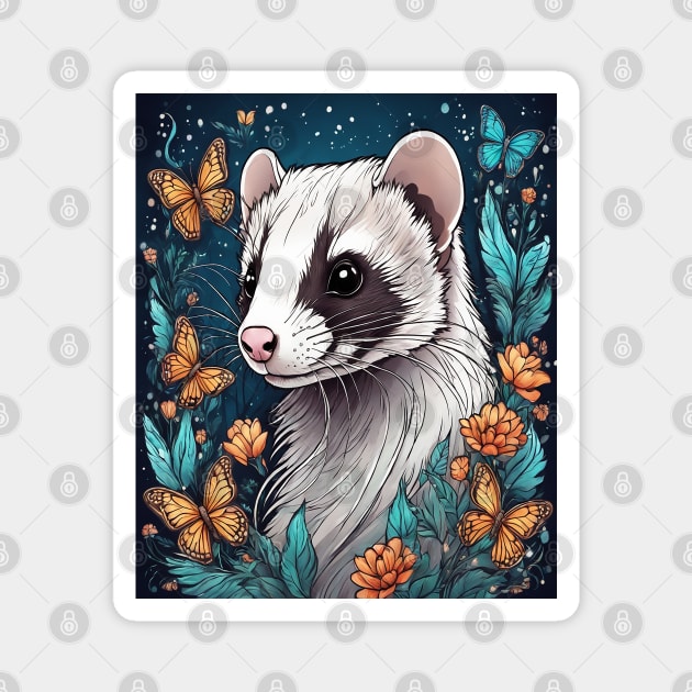 Ferret In Cottage Core and Filigree Style Art Magnet by BirdsnStuff