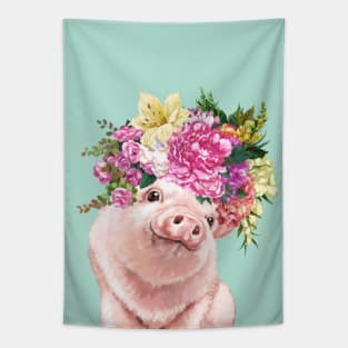 Lovely Baby Pig with Flower Crowns in Green Tapestry