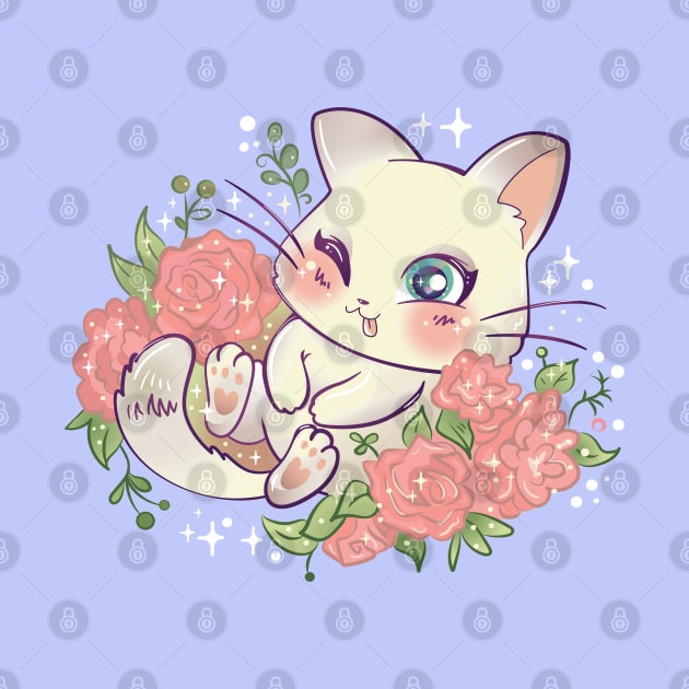 Kawaii Cute Kitty Cat on flowers by Haygoodies