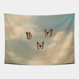 Butterflies Fluttering in Clouds Sunset Sky Tapestry