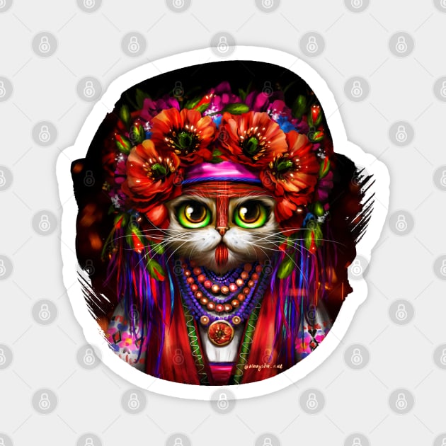 A Ukrainian cat Motanka in folk costume with a wreath of flowers on her head Magnet by Marysha_art