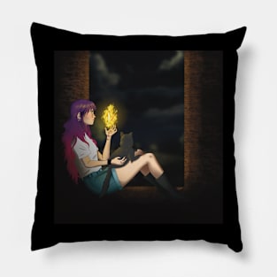 Fire witch with her black cat at night Pillow