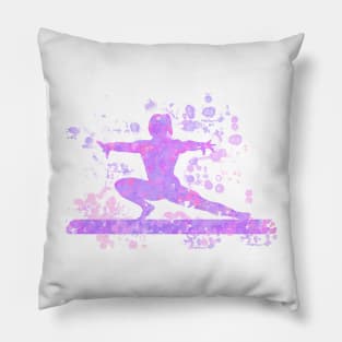 Gymnast on Beam Silhouette Abstract Watercolor Design in Purple Pillow