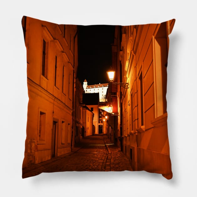 Medieval cobblestone street in Bratislava Pillow by Kate-P-