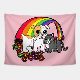 Cute Puppy and Kitty over the Rainbow Tapestry
