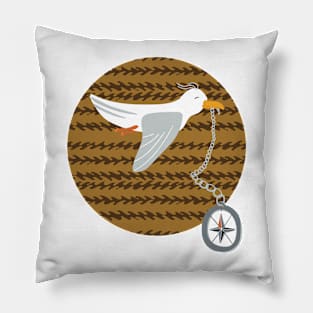 Funny seagull fleeing with compass in beak Pillow