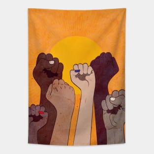 Fist raised and sun Tapestry