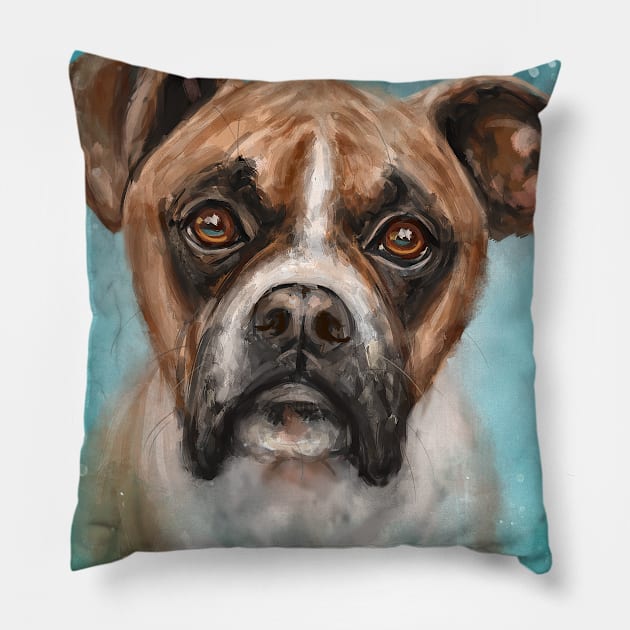 Contemporary Painting of a Brown Boxer Dog with a Curious Expression on Blue Background Pillow by ibadishi