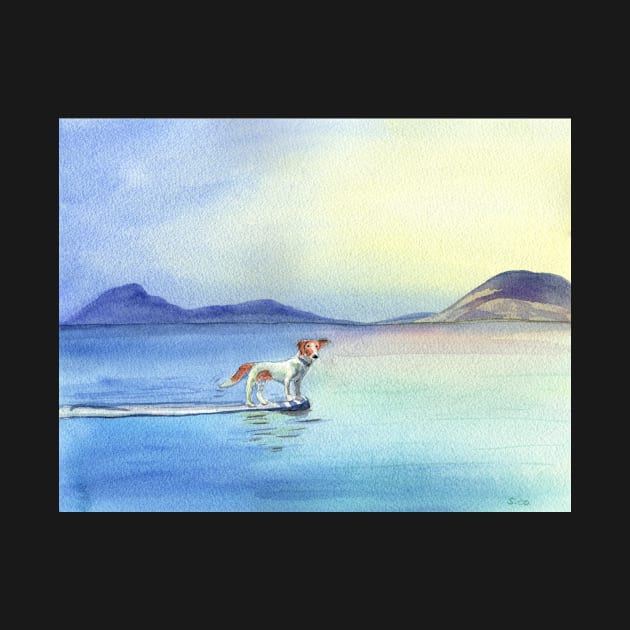 Dog on Surfboard Watercolor Painting by Sandraartist