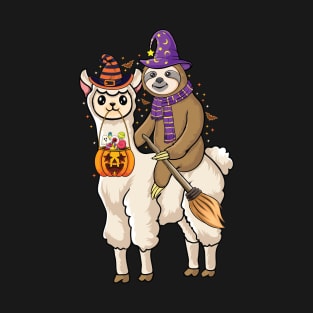 cute Lazy Sloth riding llama Witch Hat Halloween Animal lovers Halloween sloth T-Shirt