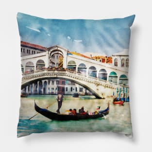 Venice Italy ✪ Watercolor style poster | Most Beautiful Places on Earth | Gondolier on a canal Pillow