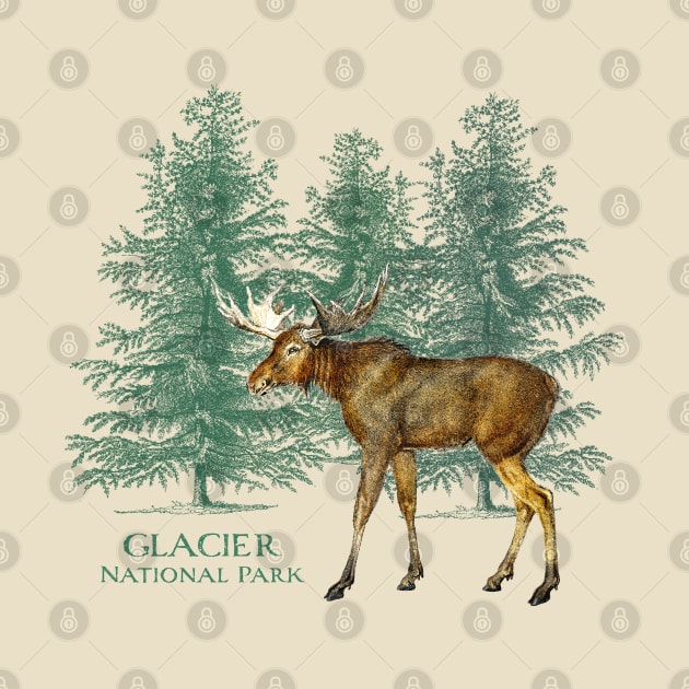 Glacier National Park Montana Moose Trees Vintage Look Rockies by Pine Hill Goods