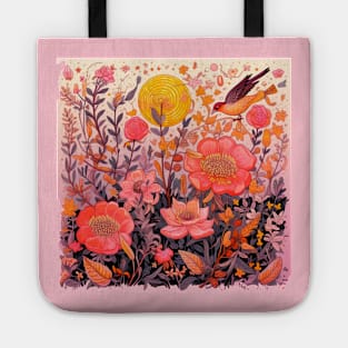 Bird Flying Through a Field of Flowers Tote