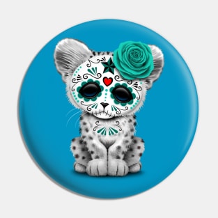 Blue Day of the Dead Sugar Skull Snow Leopard Cub Pin