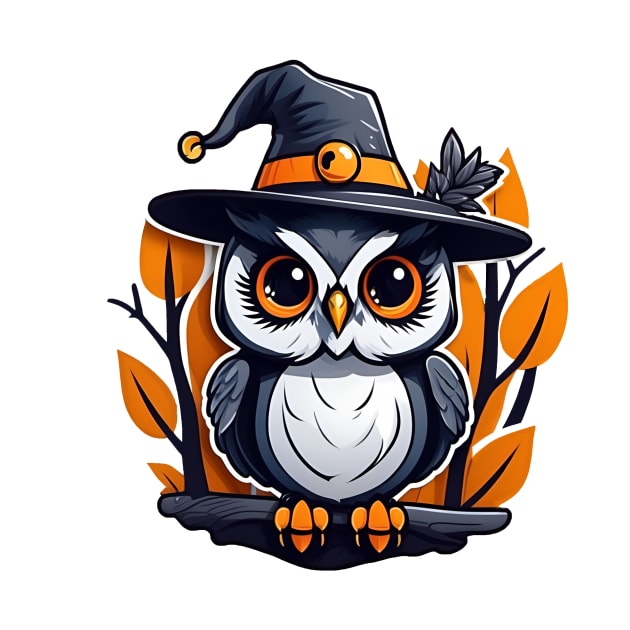 An owl wearing a witches hat sitting on a branch by CreativeXpro