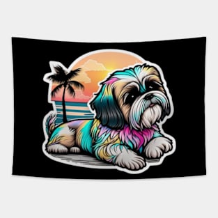 Retro Rainbow Shih Tzu Dog Beach Mom Lover Tapestry