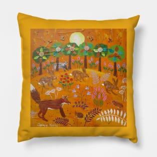 Fox looking at a Hedgehog, hares, badger at Sunset Pillow