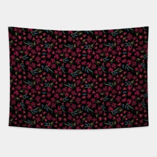 Dark red tiny watercolor flowers with leaves seamless pattern on black background Tapestry