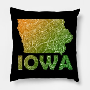 Colorful mandala art map of Iowa with text in green and orange Pillow