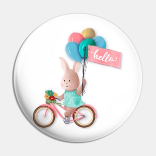 Bunny on Bike with Balloons and Hello Banner Pin