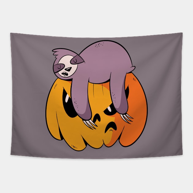 Funny Sloth Sleeping on Jack-o-Lantern Tapestry by SLAG_Creative