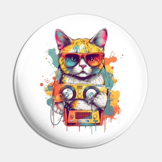 Playful cat wearing sunglasses and holding a boombox Pin by ORart