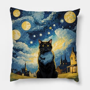 Starry Night Cat, Van Gogh Cat, Cat Lover, Cat Mom, Cat Dad Pillow