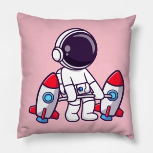 Cute Astronaut Lifting Rocket Barbell Cartoon Pillow