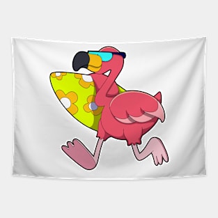 Flamingo as Surfer with Surfboard & Sunglasses Tapestry