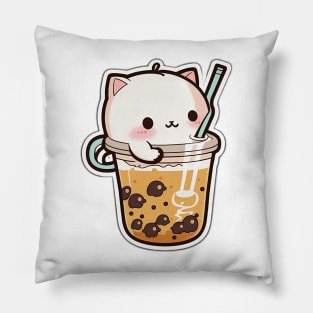 Cute Cat Drinking Bubble Tea Cartoon Boba Drawing Pillow