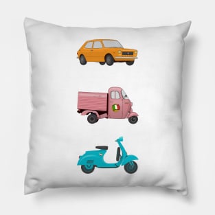 Iconic Italian Vehicles - Scooter, Rikshaw and Car Pillow