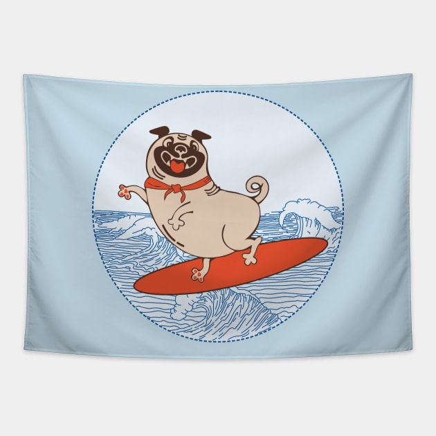 Wave riding pug on surfboard Tapestry by Cute-Design