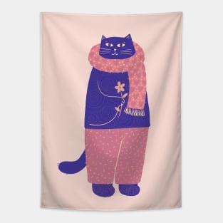 Cute blue cat with heart scarf flower Tapestry