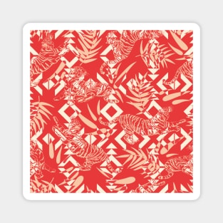 Tigers and Leaves with Tribal Shapes in Red Magnet