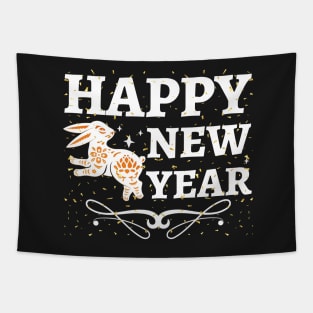 Happy New Year white and gold rabbit, black desing Tapestry