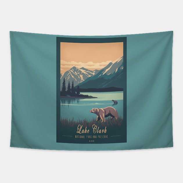 Lake Clark National Park Vintage Travel Poster Tapestry by GreenMary Design