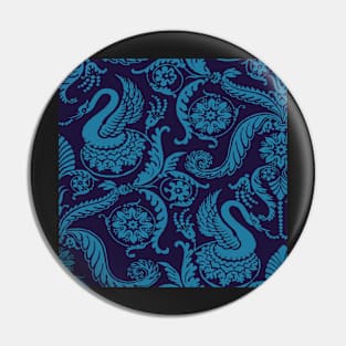 Teal on Navy Classy Medieval Damask Swans Pin