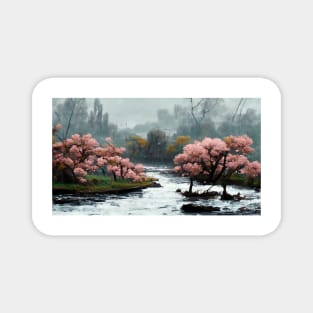 Cherry Blossom Trees by the River Oil Painting Magnet