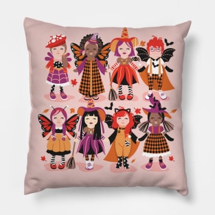 Witches dance // spot illustration // pink background red orange and berry pink halloween fantasy costumes Pillow